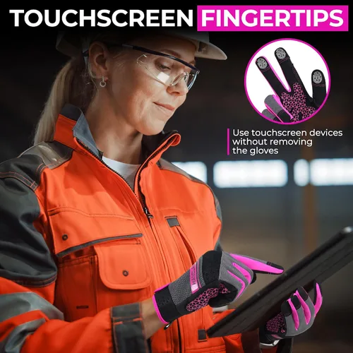Vista 4 de HANDLANDY Guantes de trabajo para mujer, guantes de jardinería de cuero transpirable para mantenimiento de patio, protección de manos con pantalla