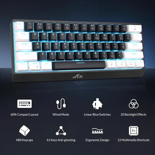 Vista 2 de Rii RK806 60% Mechanical Gaming Keyboard,61 Keys Compact Wired Keyboard with Blue Backlight,Clicky Blue Switch,Anti-ghosting,for Windows Laptop PC