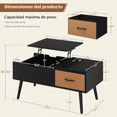 Vista 3 de Yaheetech Mesa de centro elevable para sala de estar, mesas centrales pequeñas de madera con gran cajón de almacenamiento y compartimento oculto
