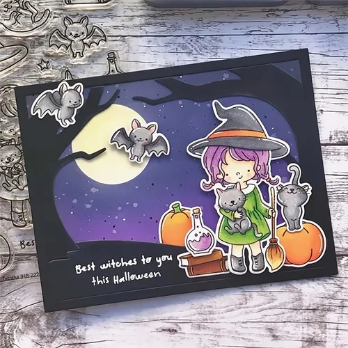 Vista 4 de Juego de sellos y troqueles de Halloween Witch Happy Haunting para hacer tarjetas, sellos transparentes y troqueles de corte de metal para álbumes 01