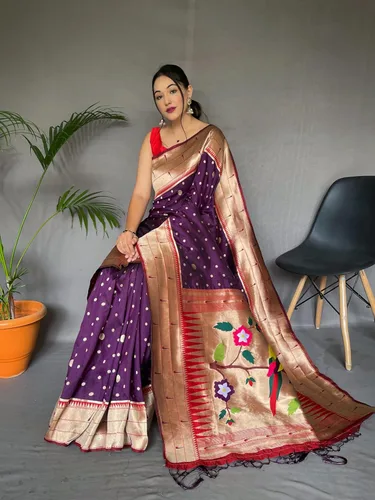 Vista 3 de Rang Priya Grape PurpleColor - Sari tejido de seda con blusa sin coser, Púrpura