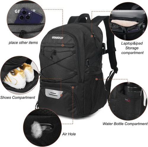 Vista 3 de GRANDUP - Mochila de baloncesto con compartimento para pelota y zapatos. Adecuada para voleibol, fútbol, natación, gimnasio, viajes y escuela