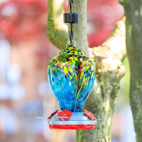 Vista 3 de WOSIBO Comedero para colibríes para exteriores, patio, grande, 32 onzas, comedero para colibríes de vidrio soplado a mano colorido con foso