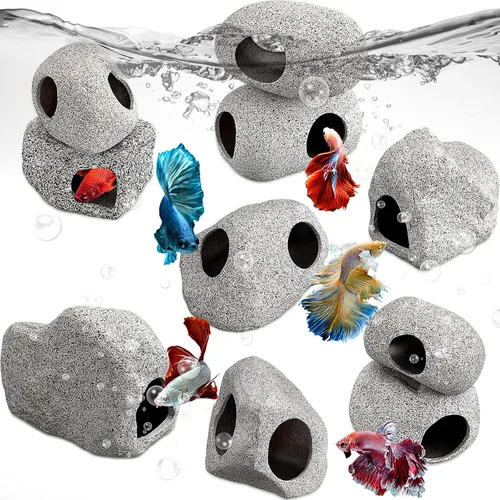 Vista 6 de Lyrow 10 piezas de acuario escondido de roca apilable cueva de roca decoraciones para peceras acuáticas para reproducir, jugar y descansar, refugios