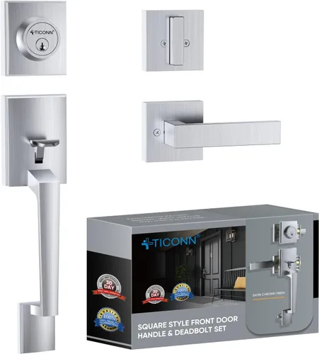 Vista 18 de TICONN Juego de manijas para puerta delantera doble, palanca de puerta cuadrada de servicio pesado y combo de cerrojo de cilindro único para puertas