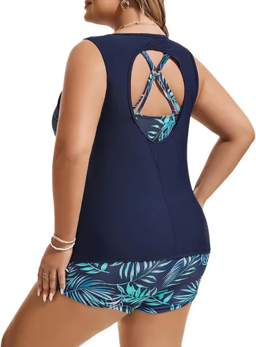 Vista 3 de Hanna Nikole Traje de baño tankini de 3 piezas para mujer, traje de baño con control de abdomen y pantalones cortos para niño, camiseta sin mangas