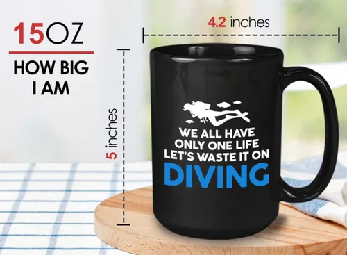 Vista 17 de Taza de café de buceo de 11 onzas, color negro, sumerge en la felicidad, actividades de respiración subacuática, pasatiempos, natación, ascenso