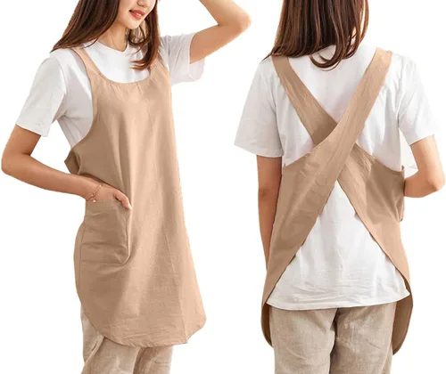 Vista 11 de Delantales de algodón con espalda cruzada, color sólido, para cocina, jardín, para mujeres y niñas con bolsillos