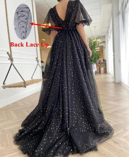Vista 2 de Vestidos de fiesta de tul estrellado brillante para mujer, vestidos de noche con mangas abombadas, vestido de fiesta formal con bolsillos