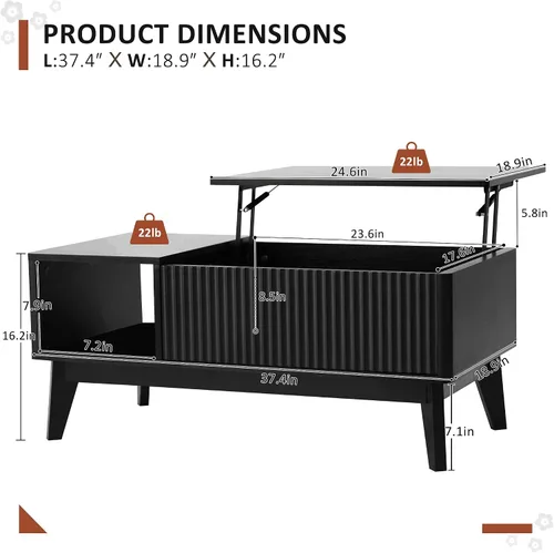 Vista 2 de LYNCOHOME Mesa de centro acanalada con compartimento oculto, mesas de centro elevables de madera, mesa central moderna para sala de estar, oficina