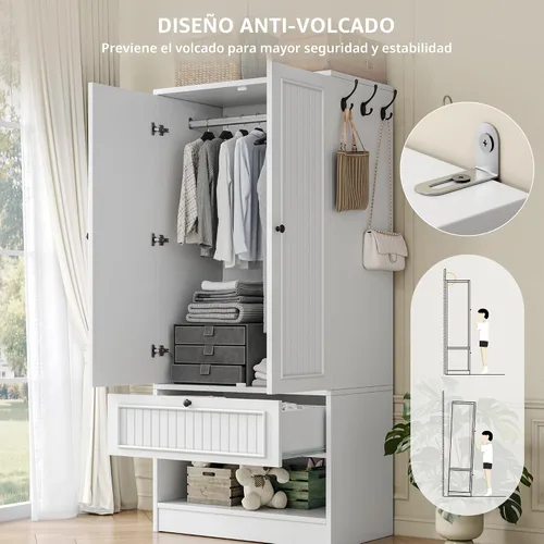 Vista 7 de iPormis Armario de madera con puerta de espejo y cajón, armario para recámara con 2 puertas para colgar ropa, color blanco