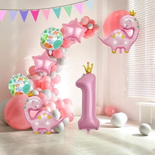 Vista 6 de 7 globos de dinosaurio con corona rosa, globos de aluminio Mylar para cumpleaños de niñas, suministros de primera fiesta color rosa