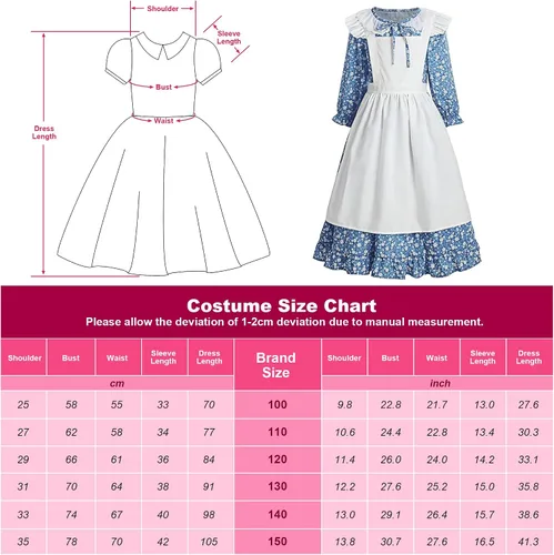 Vista 7 de ReliBeauty Vestido de niña pionera, disfraz colonial de pradera azul