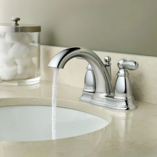 Vista 5 de Moen Brantford Cromo Llave de baño centrada de arco bajo tradicional de dos manijas con montaje de desagüe, 6610