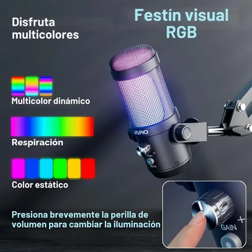Vista 4 de JARO Micrófono USB para podcast con brazo de brazo, micrófono de condensador de estudio con monitoreo en tiempo real, silencio, control de volumen