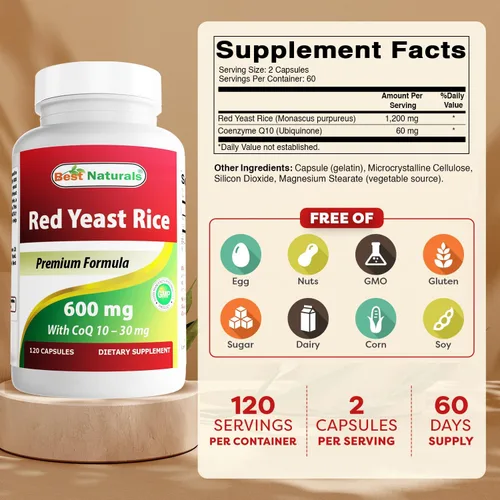 Vista 2 de Best Naturals Arroz de levadura roja con CoQ10, 120 cápsulas - Fórmula cardiovascular contiene 600 mg de arroz de levadura roja y 30 mg de CoQ10