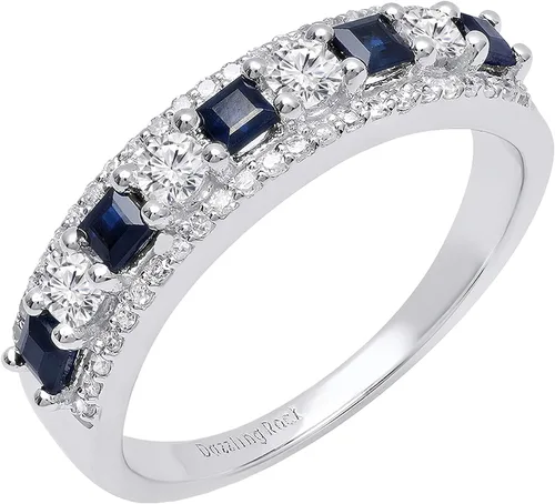 Vista 18 de Dazzlingrock Collection Anillo de boda de 9 piedras de zafiro azul princesa y diamante blanco redondo de 0.098 in cada uno en oro de 14 quilates