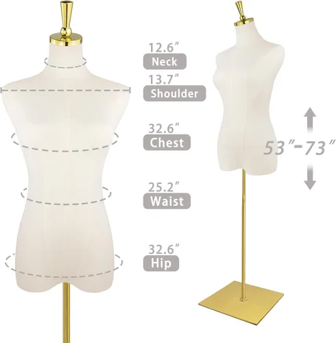 Vista 2 de Torso de maniquí femenino, 53-73 pulgadas de altura ajustable, maniquí para mujer con soporte de metal dorado, para coser y exhibir color beige