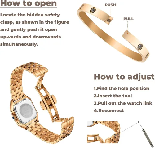 Vista 6 de Relojes dorados para mujer, delicado juego de pulsera para mujer, cuarzo japonés