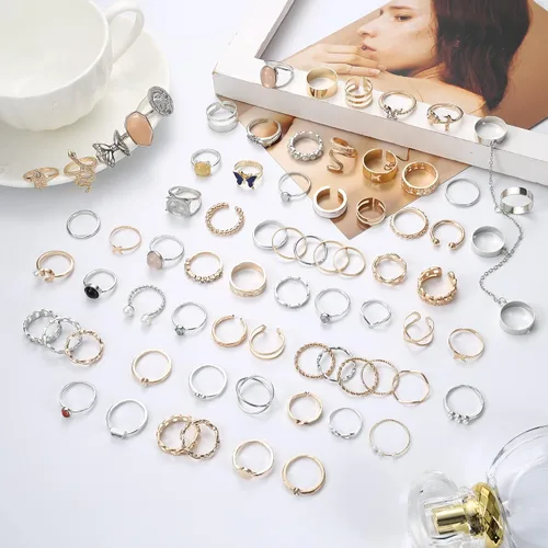 Vista 2 de Sanfenly Anillos de nudillos dorados y plateados para mujer apilables conjunto de anillos de articulación de dedo medio y mariposa serpiente