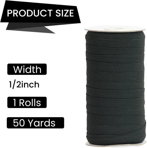Vista 2 de Banda elástica plana para costura, 1/2 pulgada, 50 yardas de alta elasticidad, cordón elástico negro, cuerda elástica de punto para coser