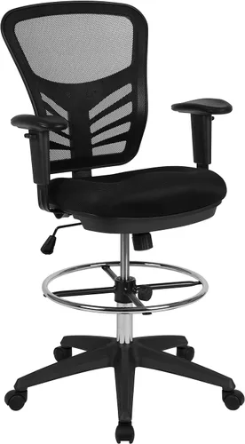 Vista 9 de Flash Furniture Silla de dibujo ergonómica de malla gris claro con anillo de pie cromado ajustable, brazos ajustables y marco negro Malla gris