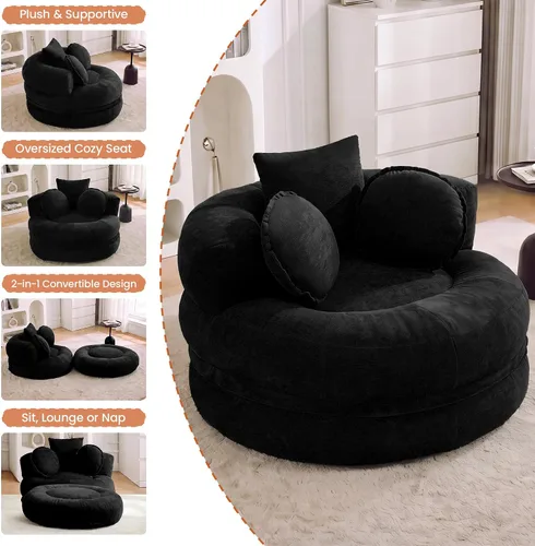 Vista 6 de Boneless Convertible Round Floor Sofa Chair with Expandable Seat, Black