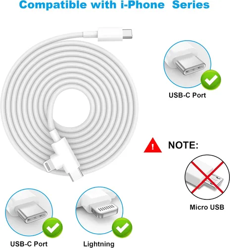 Vista 8 de Cargador de iPhone 17/16/15/14/13/12 de 30W Bloque de Carga Rápida con Cable Largo de 6 Pies de C a Tipo C y Lightning. Carga Rápida para Todos
