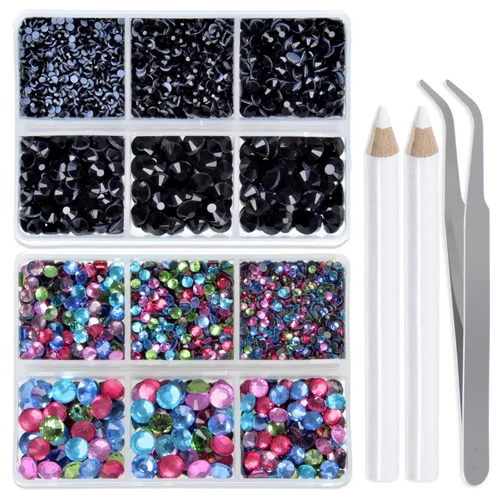 Vista 41 de LPBeads 6400 unidades de diamantes termoadhesivos de 12 colores con parte trasera plana, 5 tamaños mixtos, gemas de cristal redondas con pinzas