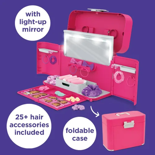 Vista 2 de Casdon Funda de peinado definitiva. Estuche plegable para peinar el cabello y accesorios con espejo iluminado, libro de estilo y accesorios