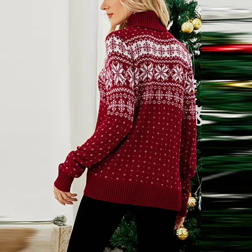 Vista 6 de Suéter de Navidad para mujer, diseño de copo de nieve, suéter de punto suave, cuello alto, estampado, ropa de Navidad