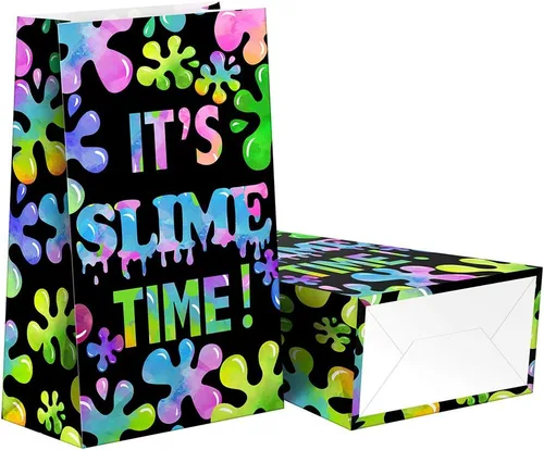 Vista 3 de 24 bolsas de golosinas de slime, bolsas de dulces con calcomanías, bolsas de regalo de limo con temática de limo para fiestas de cumpleaños