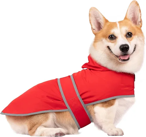 Vista 46 de Impermeable para perros pequeños y cachorros, chaqueta impermeable con capucha con tiras reflectantes, agujero para la correa y poncho de ajuste