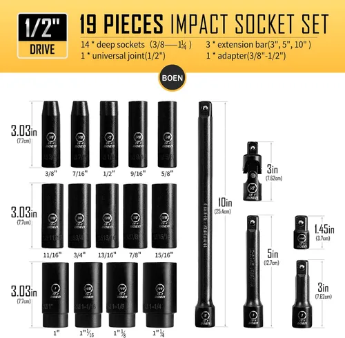 Vista 3 de BOEN Juego de 64 llaves de impacto SAE y métricas de 1/2 pulgada, revestimiento de fosfato negro, diseño de 6 puntos, cumple con las normas ANSI