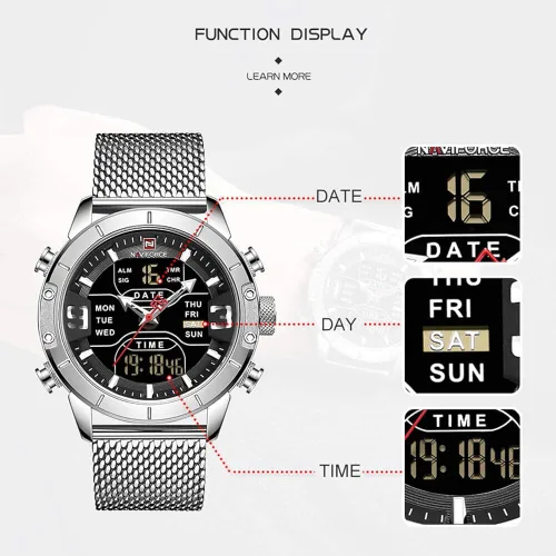 Vista 3 de Naviforce hombres reloj impermeable multifunción LED digital cuarzo relojes pulsera acero inoxidable malla correa