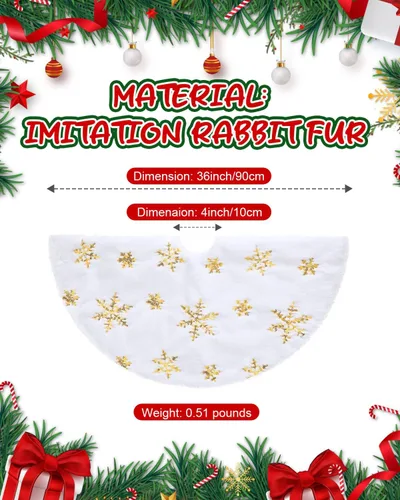 Vista 6 de Falda de árbol de Navidad de 36 pulgadas, falda de árbol de piel sintética blanca con copos de nieve dorados, tapete de árbol de Navidad suave