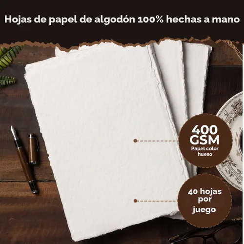 Vista 2 de Papel vintage de algodón egipcio, 400 GSM, 40 hojas, borde deckled, texturizado para dibujar y dibujar