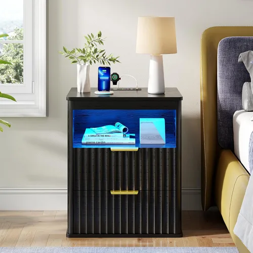 Vista 10 de Gurexl Mesita de noche inteligente con altavoz Bluetooth, moderna mesita de noche con luces LED RGB y estación de carga inalámbrica, soporte