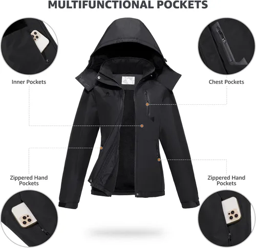 Vista 6 de CAMELSPORTS Chaqueta impermeable de esquí de montaña para mujer, con forro polar, impermeable, resistente al viento, con capucha para otoño e