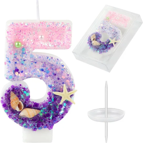 Vista 21 de Velas de cumpleaños, velas rosas y moradas del número 0 decoradas con caracolas, estrellas de mar y perlas para fiesta temática de sirena Morado