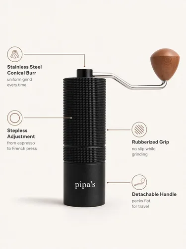 Vista 4 de Pipa's Molinillo de café manual — Molinillo de rebabas cónicas de acero inoxidable, ajuste continuo, molinillo de mano portátil de 1.23 oz
