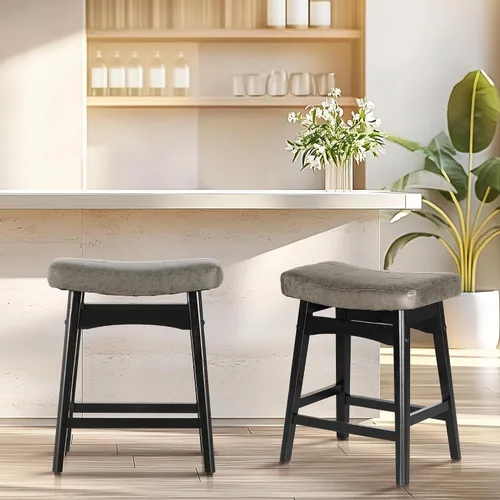 Vista 35 de ALPHA HOME Taburete de bar, taburete de cocina de silla de montar de madera maciza con cojín de tela de lino beige, taburete de bar de altura