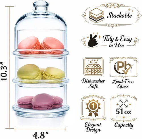 Vista 2 de Ums Tarros de vidrio de 3 niveles con tapa, tarro de galletas, tarros de dulces para bufé de dulces, tarros de boticario, organizadores de cocina