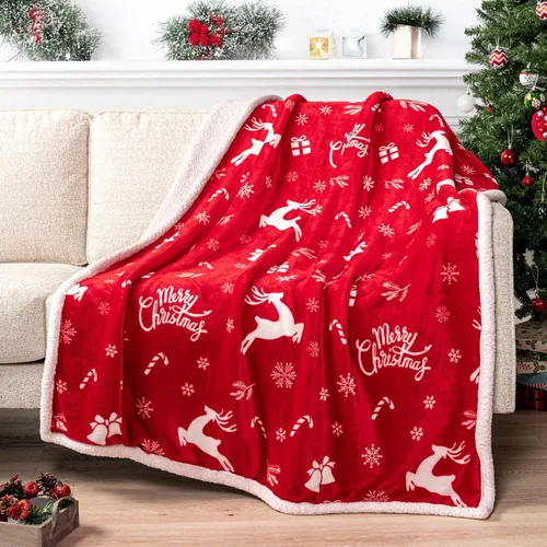 Vista 29 de PAVILIA Premium Manta de vellón sherpa de Navidad regalo de decoración navideña, afelpada, cálida y acogedora, de microfibra y reversible, para Pan