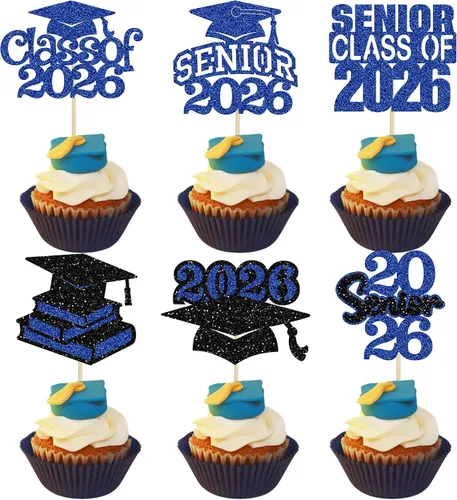 Vista 22 de Paquete de 24 adornos para cupcakes de clase 2026 con purpurina 2026 Felicidades Graduación Diploma Done Cupcake Picks 2026 Graduación Temática