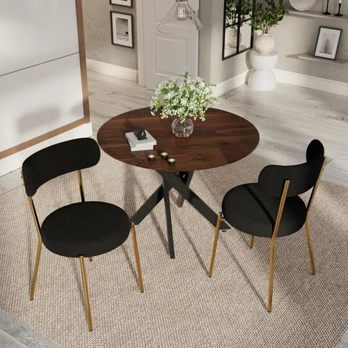 Vista 43 de Moderno juego de mesa de comedor redonda de 3 piezas, mesa de MDF circular negra y 2 sillas de comedor negras Boucle, muebles de cocina con marco