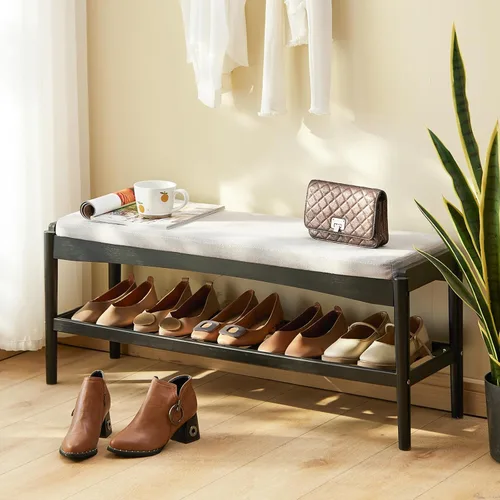 Vista 10 de STDDRE Banco para Zapatos de Entrada de Bambú de 2 Niveles Estante para Zapatos con Asiento Acolchado con Cojín, Organizador de Banco para Zapatos