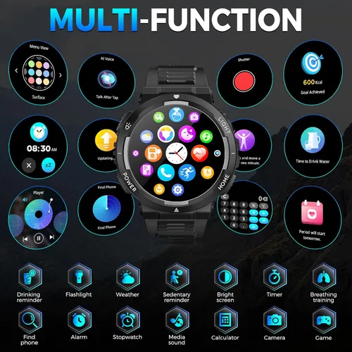 Vista 9 de Reloj inteligente militar para hombre (respuesta/hacer llamadas), reloj inteligente resistente con linterna LED, resistente al agua de 3 ATM