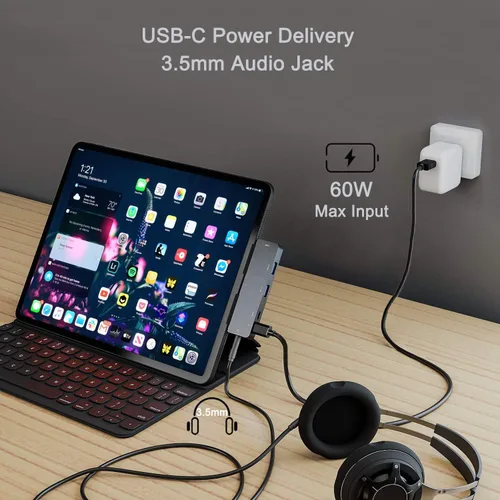 Vista 3 de Adaptador de concentrador USB C para iPad Pro con HDMI 4K, conector de 0.138 in, 2 USB 3.0, PD 60W, datos USB C, ranura para tarjeta SD/TF