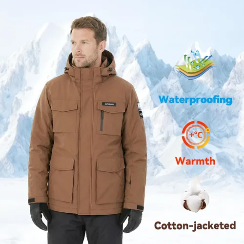 Vista 6 de Chaqueta de esquí para hombre, impermeable, resistente al viento, capucha extraíble para invierno, para motos de nieve, senderismo